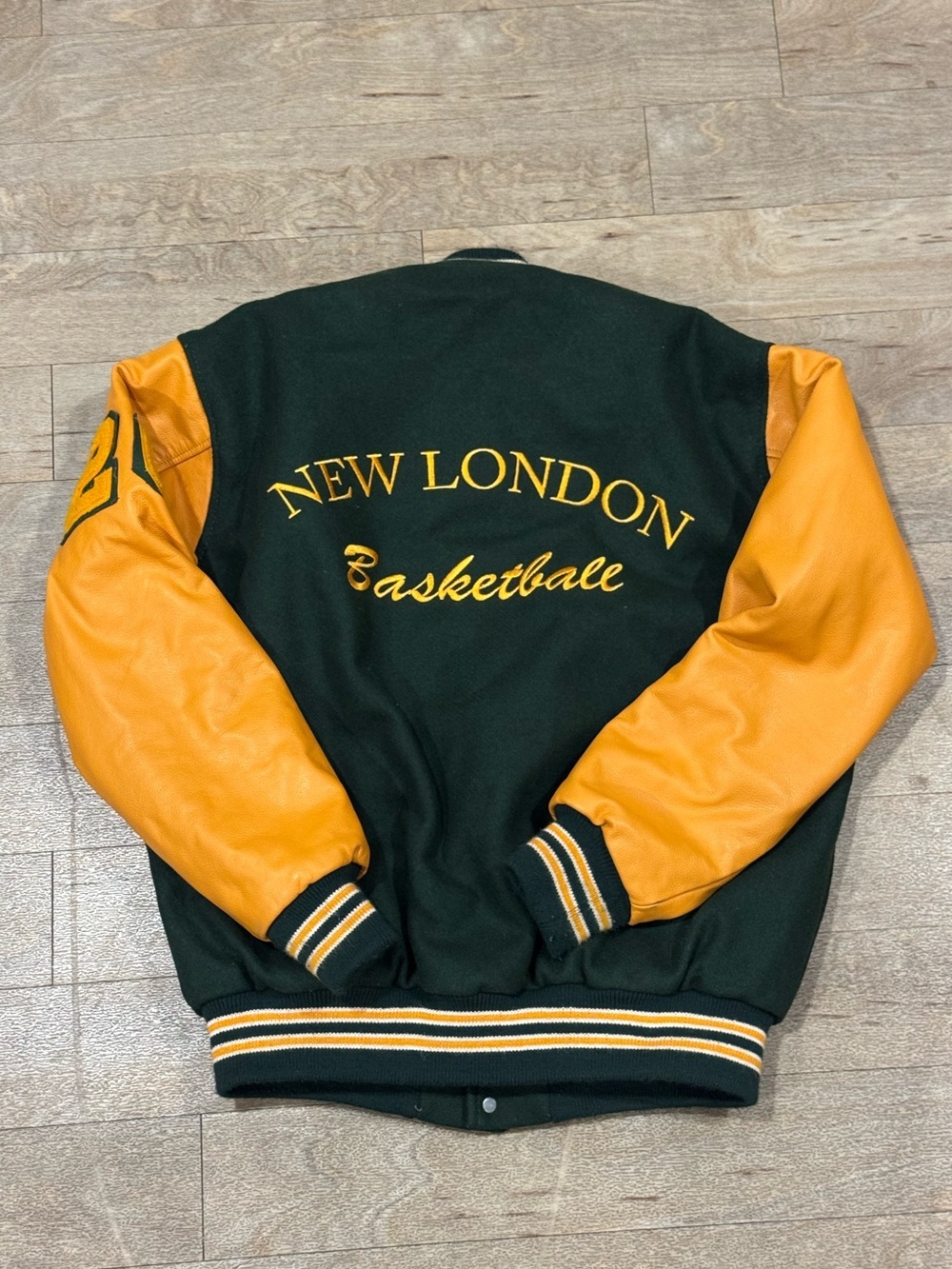 Letterman Jacket Green and Yellow With Leather Sleeves Size Small - Picture 6 of 6